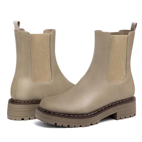 Athlefit Chelsea Boots Women Platform Ankle Boots for Women Lug Sole Round Toe Fashion Low Heel Short Booties Khaki Size 8.5 - Thumbnail 4