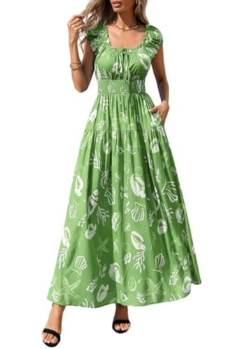PRETTYGARDEN Boho Maxi Dresses for Women 2026 Summer Floral Wedding Guest Dress Resort Wear Spring Long Flowy Beach Sundress (Green White Floral,Medium) - Image 1