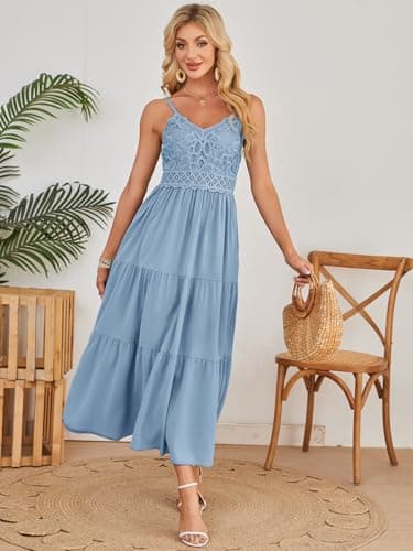 Dokuritu Women's Beach Crochet Lace Maxi Dress Solid Color Summer Vacation Spaghetti Strap Long Dress 2025 - Thumbnail 5