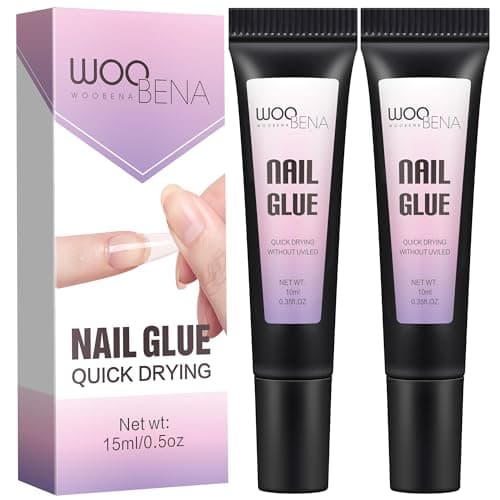 Woobena 2 Packs Nail Glues for Press On Nails Quick Drying Long Lasting No UV Light Needed 0.35 oz(10g) Super Strong, Gentle on Nails, Ideal for DIY & Salon Use Nail Art