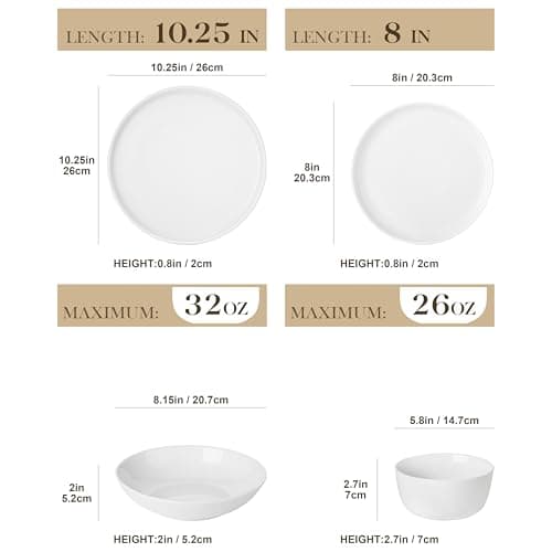 MALACASA 24 Pieces Gourmet Porcelain Dinnerware Sets, Premium Plates and Bowls Set, High-Fired Ceramic Dishes Set for 6, Chip & Scratch Resistant, Microwave Dishwasher Safe, White, Series LEXI - Thumbnail 2