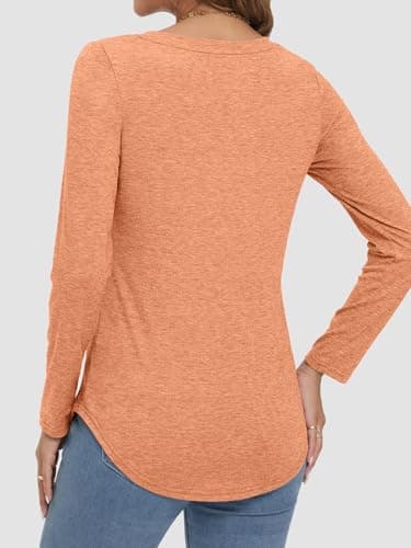 ATHMILE Womens 2026 Fall Long Sleeve Shirts Basic Apparel Shirts Trendy V Neck Tshirt for Women Curved Hem Tops - Thumbnail 5