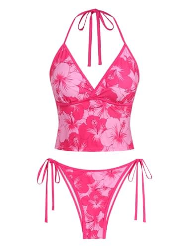 Jillumi Halter Tankini Swimsuits for Women Cute V Neck Cute Tie Side High Cut Bikini Swimsuits 2 Piece Bathing Suits Chic Tankini Set Rose Red Flower XL