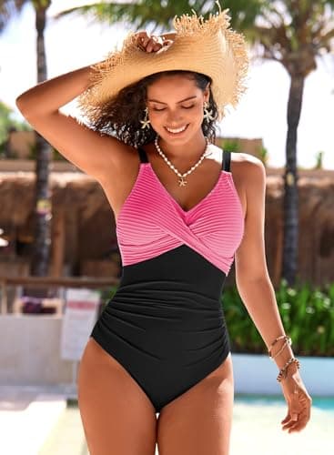 Pink Queen One Piece Swimsuits Women Patchwork Ruched Tummy Control Modest Bathing Suit Pool Swimming Wear Pink XL - Thumbnail 3