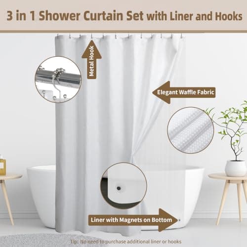 Siiluminisoy Shower Curtain with Liner, Waffle Shower Curtain Set with 12 Stainless Steel Hooks, Waterproof, Machine Washable, Luxury Fabric Shower Curtains for Apartment, White, 72" W x 72" H - Thumbnail 5