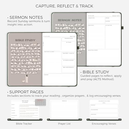 Daily Christian Bible Study Journal for Women & Men, 8.27x5.83” A5 Hardcover Prayer Notebook for Church, Sermon & Devotional Notes, PU Leather Cover with Elastic Band & Pen Loop. (Brown) - Thumbnail 3