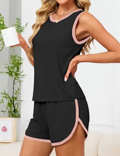 JUSTFASHIONNOW Women's 2-Piece Contrast Trim Pajama Set - Casual Tank Top & Shorts, Soft Ribbed Loungewear(Black Medium) - Thumbnail 4