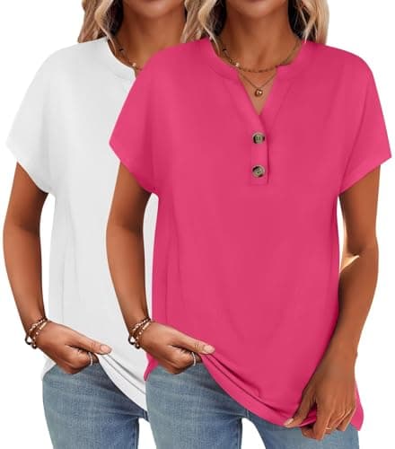 INNOVATOP 2 Pack Womens T Shirts V Neck Short Sleeve Henley Tops Work Business Casual Blouses Summer Dressy Casual Clothes White/Hot Pink - Image 1