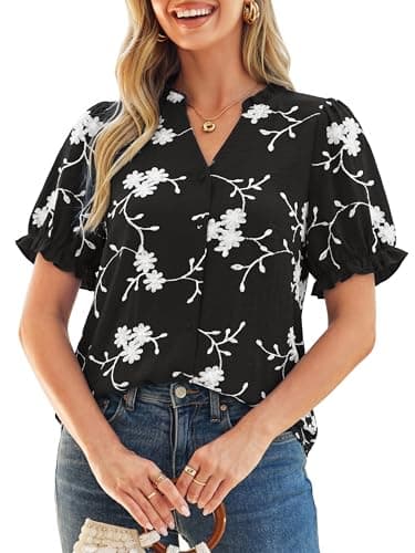 Simplee Womens Button Down Puff Ruffle Short Sleeve Blouse Tops V Neck Summer Embroidered Dressy Casual Shirts Black XL - Image 1