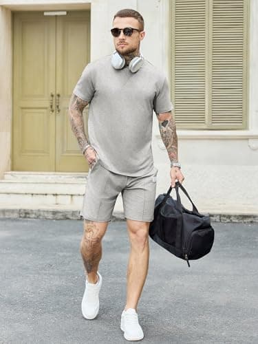 JEMLDL Mens 2 Piece Summer Outfits, Short Sleeve T Shirt & Shorts Loungewear Set, Comfortable Casual Travel Tracksuit Gray M - Thumbnail 5