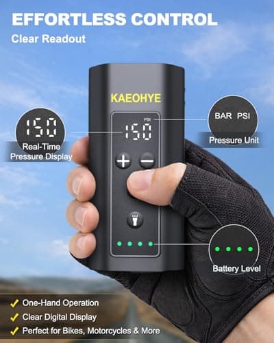 Mini Bike Pump with Bicycle Headlight, 150PSI Portable Electric Bike Air Pump with Presta and Schrader for Road/MTB/E-Bike, Digital Gauge & Auto-Stop - Thumbnail 5