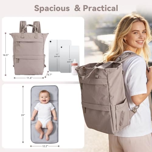 Allovely Diaper Bag with Changing Pad, Featherlight Baby Bag Backpack, Multi-Function Travel Diaper Bag Backpack with Fast-Access Back Zipper (Grayish Brown) - Thumbnail 2