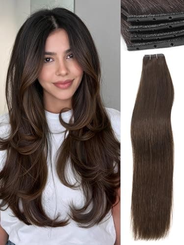 WIGNEE Twin Tab Butterfly Genius OVO Weft Hair Extensions Human Hair Latest Brown Double Invisible Real 100% Remy Human Hair Weft with Micro Bead Hair Extensions 100g 2PCS 18 Inch - Image 1