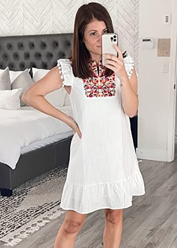 KIRUNDO Women's 2026 Summer Mini Dress Spring Casual V Neck Floral Embroidered Ruffle Sleeveless Shift Flowy Boho Dress (B-White, Large) - Thumbnail 6