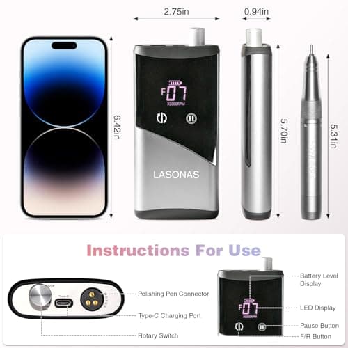 Electric Nail Drill Machine Professional, 40000 RPM Cordless Nail File with Silent Brushless Motor, Portable Rechargeable Nail Drill and Bits for Acrylic Gel Nails Polishing Removing - Thumbnail 2