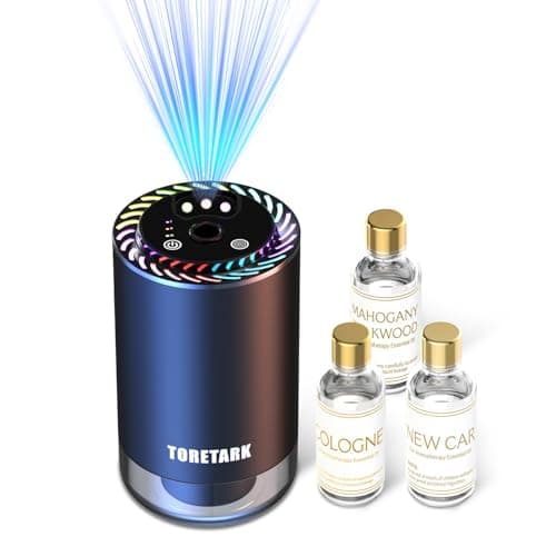 Smart Car Air Freshener with Star Light & 150ml Diffusers Oil Refills, Auto On/Off Aroma Diffuser, 3 Adjustable Modes Rechargeable - Car Diffuser（Cologne+New Car Smell+Mahogany Teakwood）
