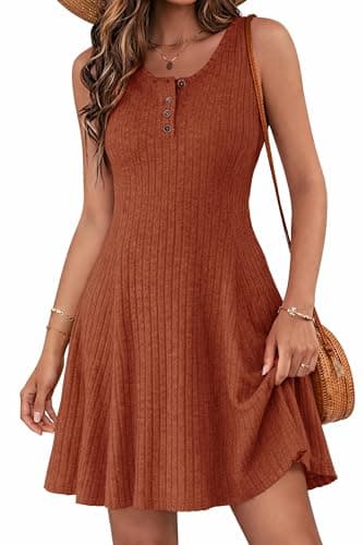Lazysmile Summer Sleeveless Dresses for Women Crewneck Button Down Ribbed Knit A Line Casual Short Dress Orange - Image 1