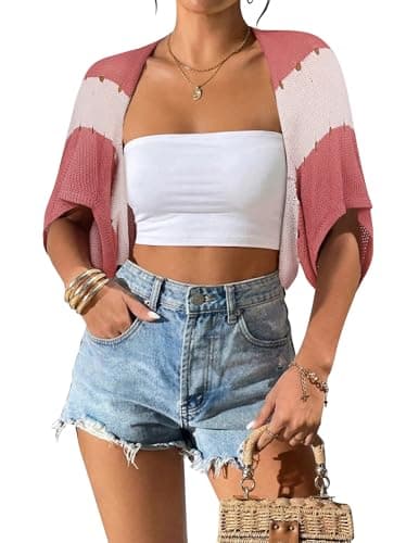 BB&KK Womens Lightweight Summer Short Sleeve Cardigan Striped Open Front Knitted Crochet Boho Bolero Shrugs 2026 Trendy - Image 1