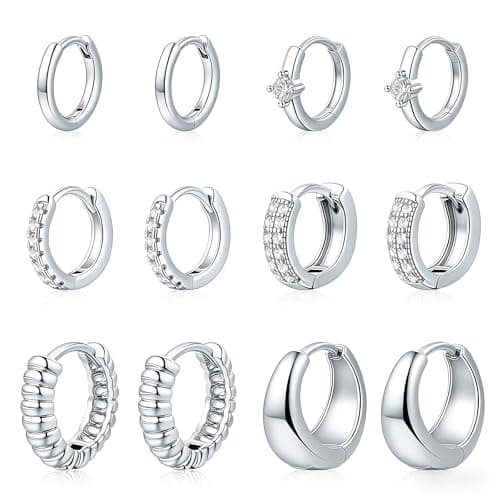 ALLHOLA 6 Pairs 14K Gold Plated Hoop Earrings for Women Hypoallergenic Small Huggie Hoops Earring Set for Sensitive Ears Non Tarnish Trendy Chunky Gold/Silver Earrings Cartilage Stacks for Multiple Piercing Jewelry Lightweight (Silver hoops CZ pack) - Image 1