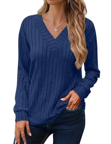 JUSTFASHIONNOW Blouses for Women Dressy Casual V Neck Long Sleeve Shirts Soft Sweaters Fall Tops for Women 2025 Parchment Clothe(Purplish blue,Medium) - Thumbnail 4