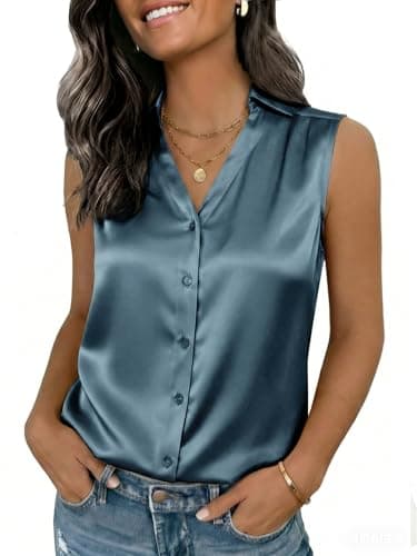 Funlingo Satin Shirts for Women Dressy Silk Tank Tops Sexy Sleeveless Collared Blouses Summer Basic Loose Fit Business Office Clothes Grey Blue XL - Image 1