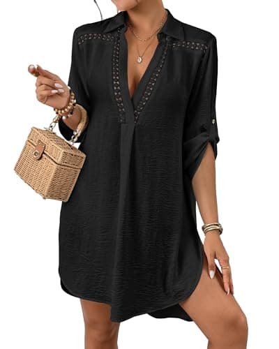 Bsubseach Women’s Swimsuit Coverup V Neck Bathing Suit Cove Up for Swimwear Long Sleeve Beach Dress Shirt Black XL - Image 1