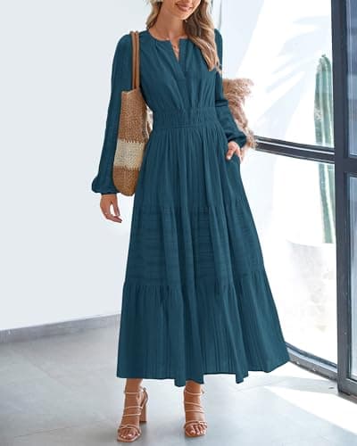 BTFBM Spring Dresses for Women 2026 Casual Long Sleeve V Neck Elastic Waist Lightweight Maxi Wedding Guest Dress Pockets(Lake Blue, Small) - Thumbnail 2