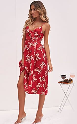 ECOWISH Women Summer Dresses Tie Front V-Neck Spaghetti Strap Button Down A-Line Backless Swing Midi Dress 809 Red XL - Thumbnail 3