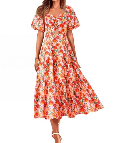 BTFBM Summer Dresses for Women 2026 Spring Outfits Beach Vacation Short Sleeve Smocked Boho Casual Floral Maxi Dress(Floral White Red, Medium) - Image 1