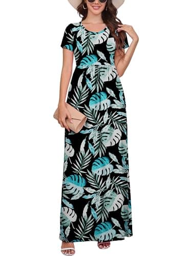 DEARCASE Women Floral Maxi Dress Black Rainforest Medium Round Neck Boho Short Sleeve Sundresses A-line Casual Hawaiian Flowy Party Spring Summer Vacation Beach Long Dresses with Pockets - Image 1