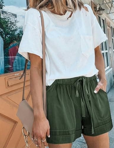 NILOINE 2026 Summer Drawstring Shorts for Women Elastic Waist Lightweight Women Shorts Solid Lounge Short Pants(Army Green,XX-Large) - Thumbnail 2