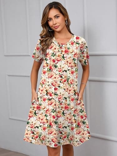 Heymoments Women Short Sleeve Dress Floral Print Medium Crew Neck Casual Flowy Cute Below Knee Sundress Comfy Shirt Teachers Summer Travel 2025 Novelty Boho Dresses with Pockets - Thumbnail 3
