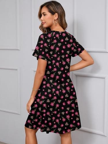 Heymoments Women's Short Sleeve Dress Floral Print Large Crewneck Casual Loose Flowy Below Knee Length Sundress Business A Line Shirt Teachers Summer Novelty Boho Dresses with Pockets - Thumbnail 5