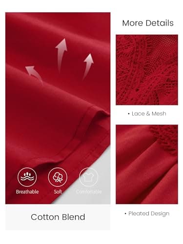 Funlingo Lace Mesh Tops for Women Crew Neck Swing Flared Embroidered Blouses Dressy Casual Tunic Shirt Summer Boho Red Peplum Top Red L - Thumbnail 5