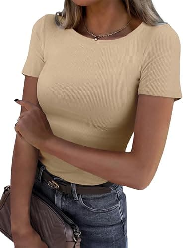GKBK Ribbed Short Sleeve Tops for Women Crew Neck Fitted Tight Shirts Layering Top Basic Tee Tshirts Cute Summer Tops Casual Spring Clothes Outfits 2026 Trendy Beige - Image 1