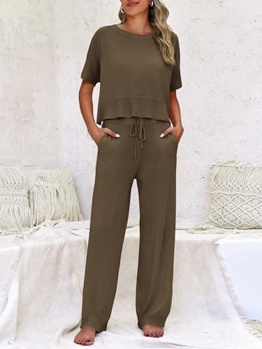 Fisoew Womens 2 Piece Outfits Sweater Sets Knit Split Crop Tops High Waisted Pants Lounge Set - Thumbnail 2