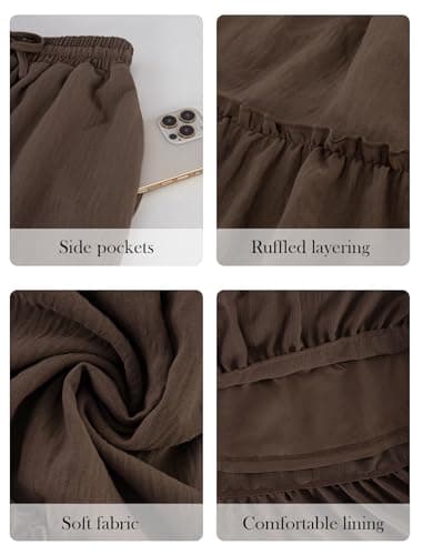 Arolina Maxi Skirts for Women Casual Summer Elastic High Waisted Flowy Boho Skirt Ruffle Tiered Pleated Long Skirts S Khaki - Thumbnail 6