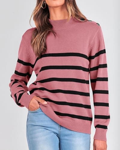 KIRUNDO Fall Sweaters for Women 2026 Striped Turtleneck Ribbed Knit Sweater Trendy Pullover Jumper Winter Fashion Clothing(Large, Dusty Pink) - Thumbnail 3