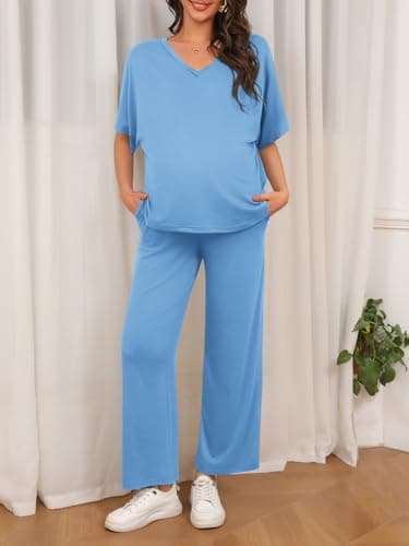 Tankaneo Womens Maternity Pajamas 2 Piece Lounge Set Soft Short Sleeve V Neck T-shirt Cropped Pants Pregnancy Loungewear, Sky Blue, Medium - Thumbnail 3