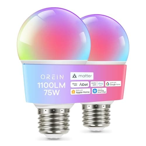 OREiN Matter Smart Light Bulb, 1100 Lumens 75W Equivalent Smart Light Bulbs, Color Changing Light Bulbs Work with Apple Home, Alexa, Google Home, SmartThings, A19 Smart Bulbs 2.4Ghz WiFi, 2Pack - Image 1