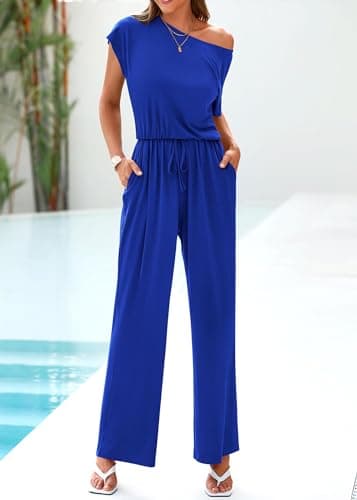 KIRUNDO Womens Jumpsuit 2026 Casual Summer Loose One Piece Off Shoulder Elastic Waist Wide Leg Long Romper with Pockets(Blue, XX-Large) - Thumbnail 5