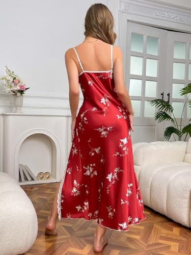 CRIPOM Silk Nightgown V Neck Sexy Night Gowns for Woman Red Lingerie for Women Side Split Nigtwear Bridal Pjs Satin Lingerie for Women Brick Red Floral S - Thumbnail 5
