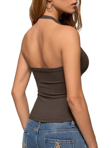 REORIA Womens Backless Halter V-Neck Ribbed Tank Tops for 2026 Slim Fitted Soft Camisole Basic Layering Shirts Coffee X-Large - Image 1