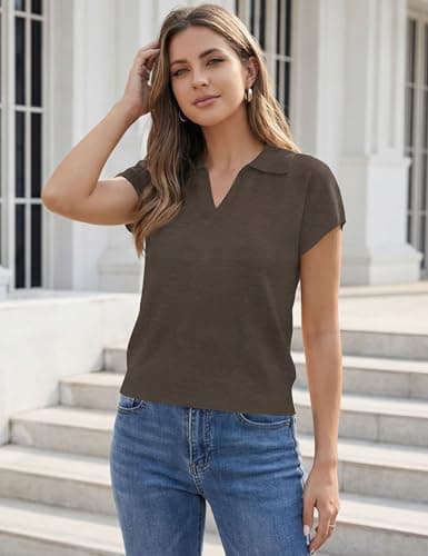 LaGracia Short Sleeve Sweaters for Women Business Casual Collared Cropped Polo Sweaters Lightweight Wool Blend Crop Tops Spring Summer Outfits Brown XL - Thumbnail 2