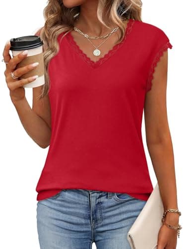 JUSTFASHIONNOW Lace Blouse Soft Cap Sleeve Tops for Women Summer V Neck Tank Tops Dressy Casual Shirts Trendy 2026 Clothes(Red,XX-Large) - Thumbnail 2