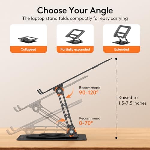 TECKNET Laptop Stand for Desk, 360 Rotating Base, Ergonomic Foldable Computer Stand for Laptop Riser Height Adjustable, Compatible with MacBook Pro, All Laptops 10-17" - Black - Thumbnail 3