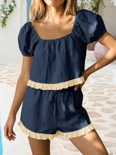 Tankaneo Womens 2 Piece Short Sets Summer Puff Sleeve Square Neck Babydoll Tops Cute Lounge Set Cotton Vacation Outfits - Thumbnail 6
