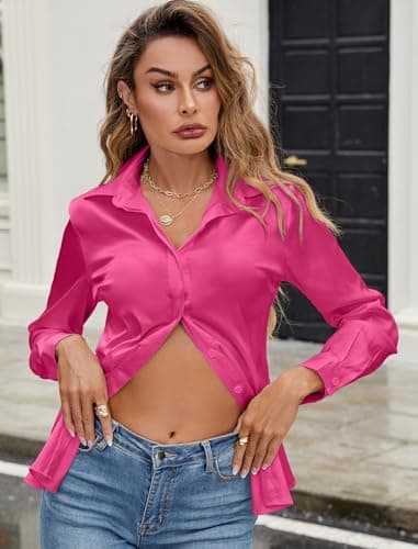 Neweek Womens Soft Satin Silk Button Down Silky Long Sleeve Work Shirt Collared Loose Blouses Tops Rose Red - Thumbnail 5