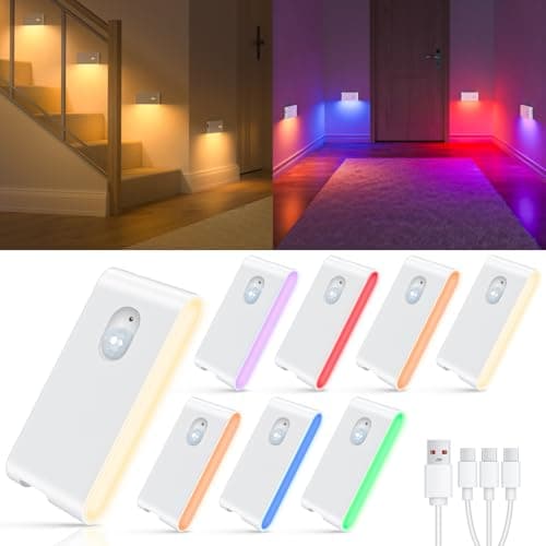 WILLED Motion Sensor Lights Indoor,RGB & Warm White Motion Sensor Night Light,Wireless Color Changing Stair Lights Indoor for Kids' Room,Stair,Bathroom,Hallway,Kitchen,Bedroom,Closet,Cabinet 8PC - Image 1
