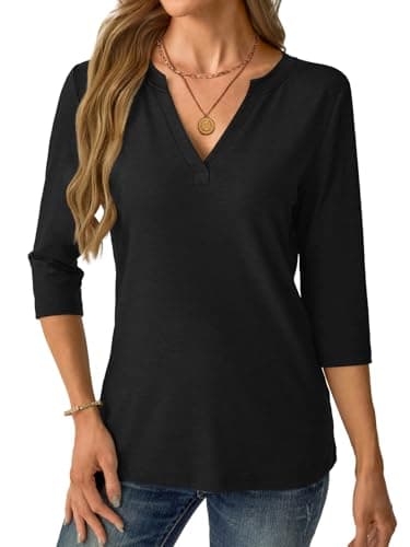 Womens Tops 3/4 Sleeve V Neck Spring Summer Work Tunic Shirts Business Dressy Casual Blouses A- Black - Thumbnail 3
